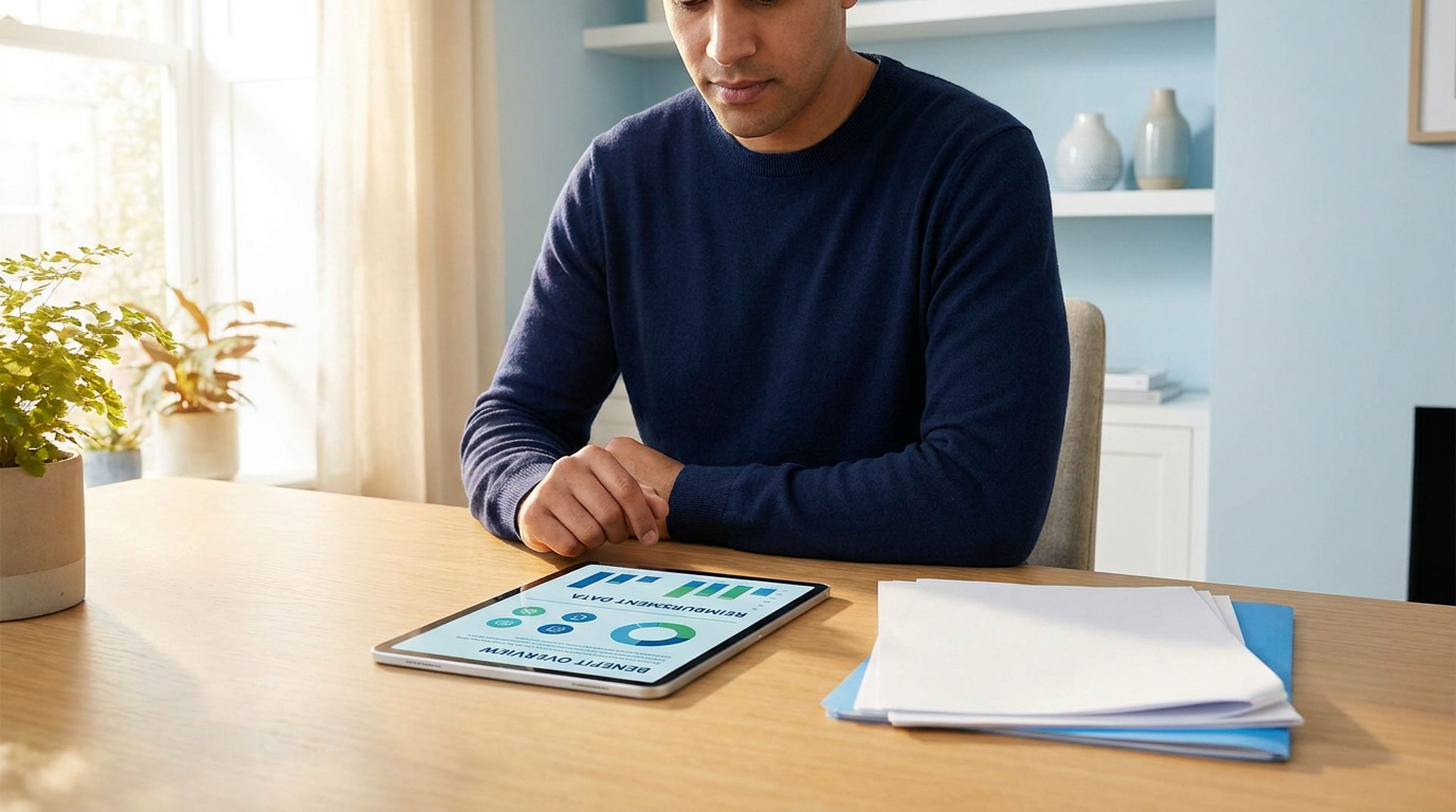 Un homme consulte des données de remboursement sur une tablette numérique assis à un bureau lumineux.