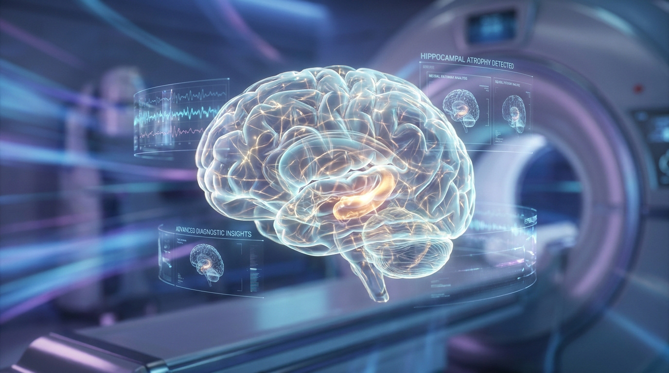 Représentation 3D d'un cerveau humain flottant devant un appareil d'IRM avec des interfaces de données numériques.