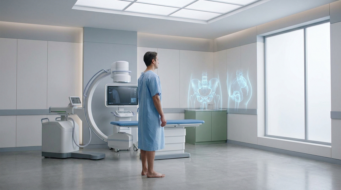 Un patient en blouse médicale observe des projections holographiques de son bassin dans une salle d'examen radiologique.