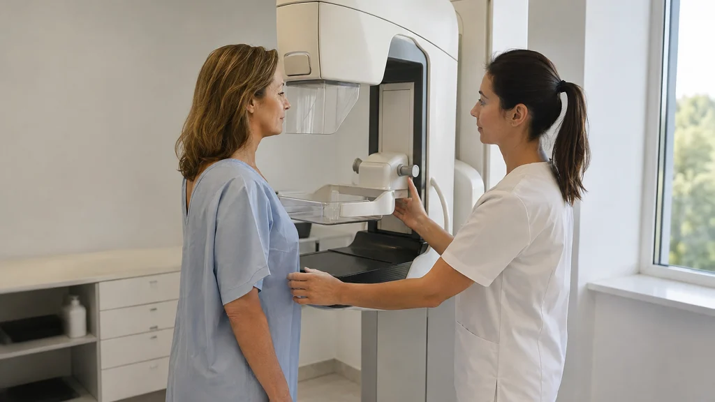 Patiente en blouse et professionnelle de santé préparant un rendez-vous près d’un mammographe