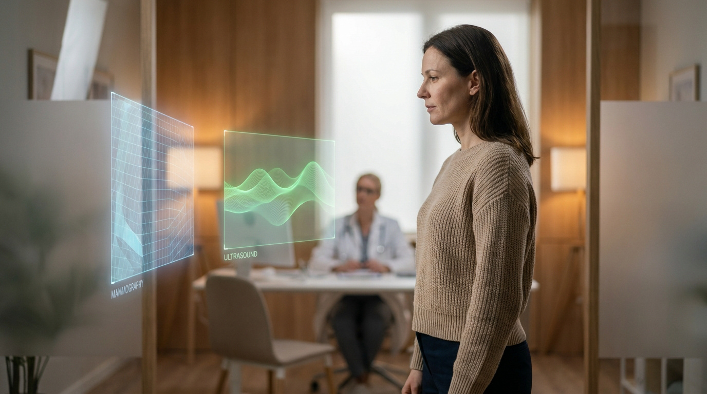 Une patiente observe des écrans holographiques affichant une mammographie et une échographie lors d'une consultation.