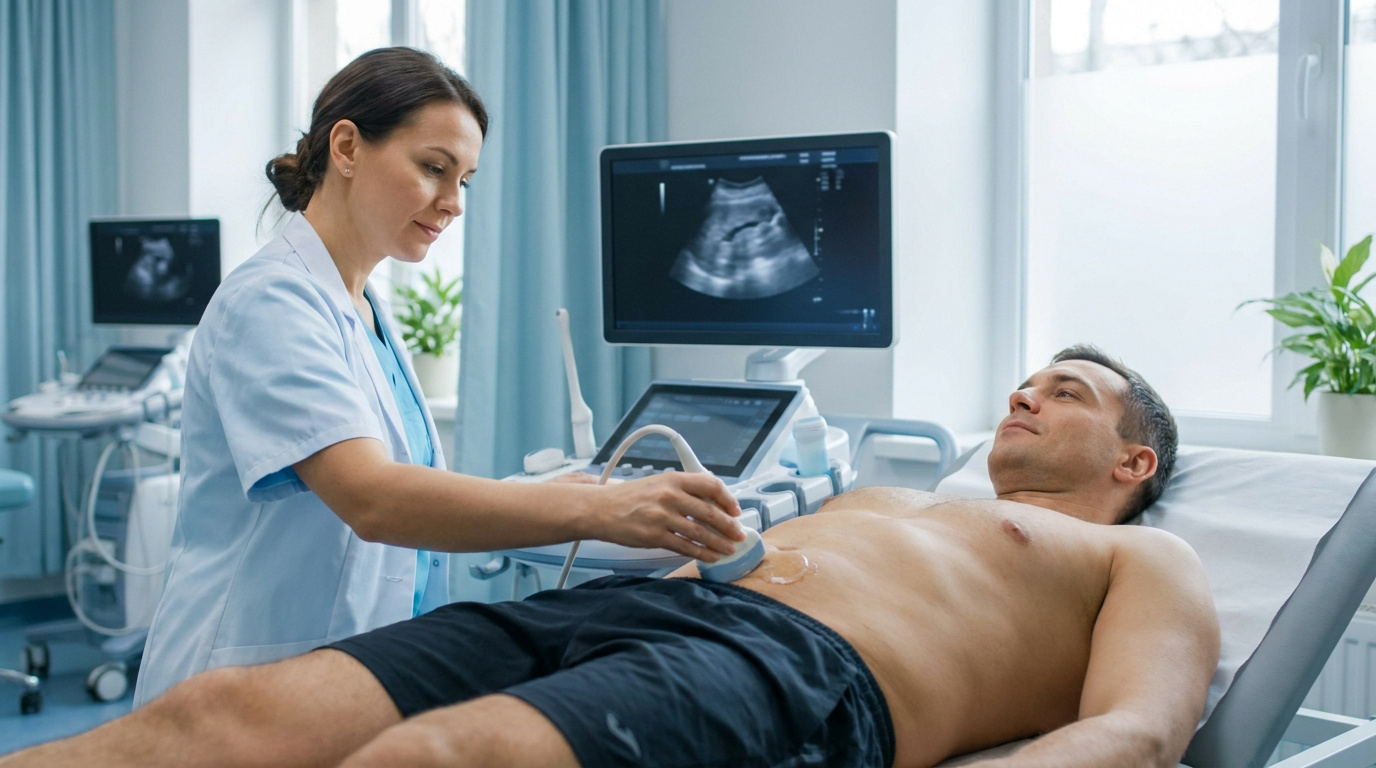 Une médecin effectuant une échographie abdominale sur un patient allongé sur une table d'examen dans un cabinet médical.