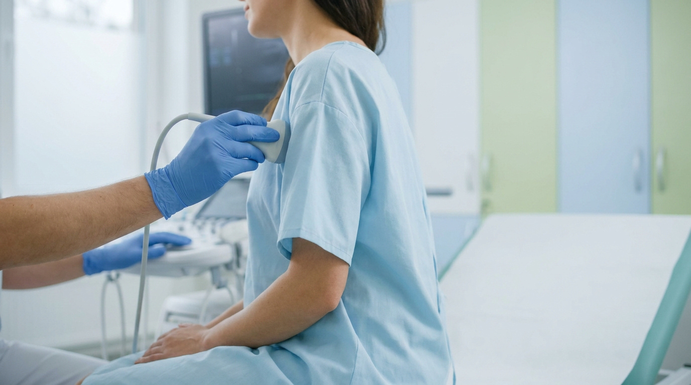 Un médecin effectue une échographie du creux axillaire d'une patiente dans un cabinet médical.