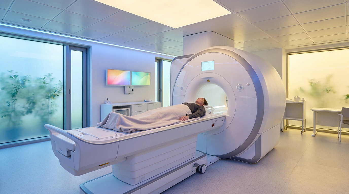 Patiente allongée sur la table d'un appareil IRM dans une salle d'examen médicale lumineuse et moderne.