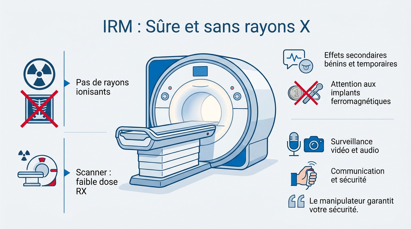 Infographie expliquant la sécurité de l'examen IRM sans rayons X