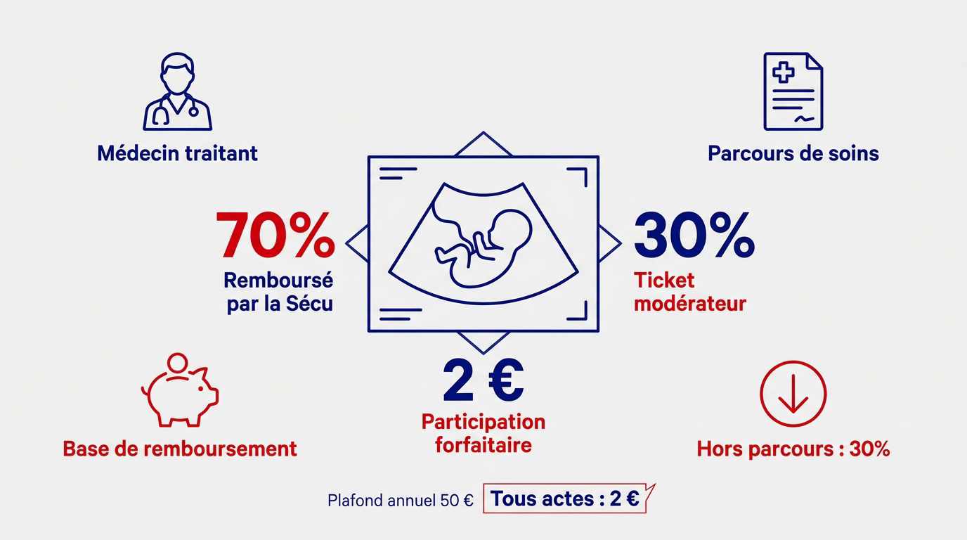 Infographie détaillant les taux de remboursement de la Sécurité sociale pour une échographie selon le parcours de soins et la grossesse