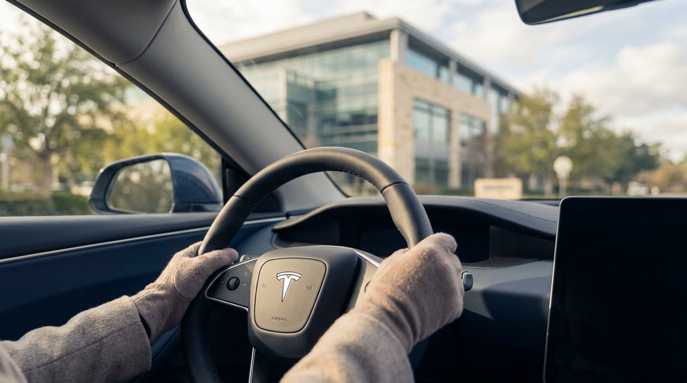Vue intérieure d'une voiture Tesla avec des mains gantées sur le volant, devant un bâtiment moderne.