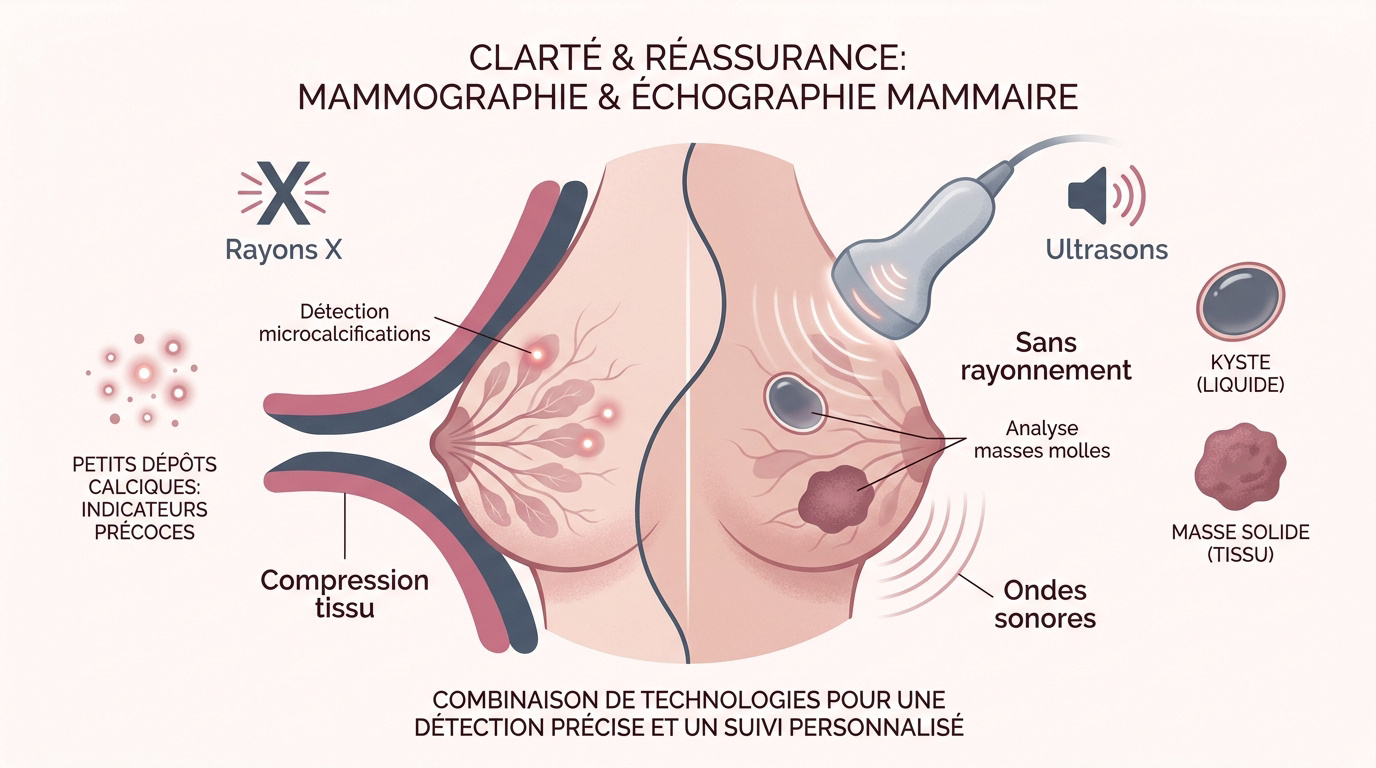 Comparaison visuelle entre les clichés d'une mammographie et les images d'une échographie mammaire pour le dépistage