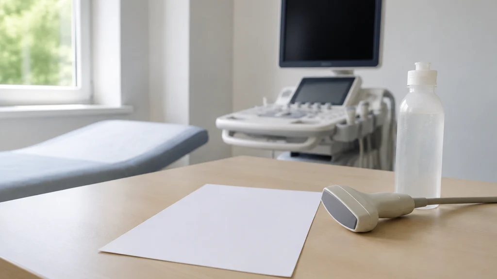 Sonde d’échographie et feuille vierge dans une salle d’examen médical