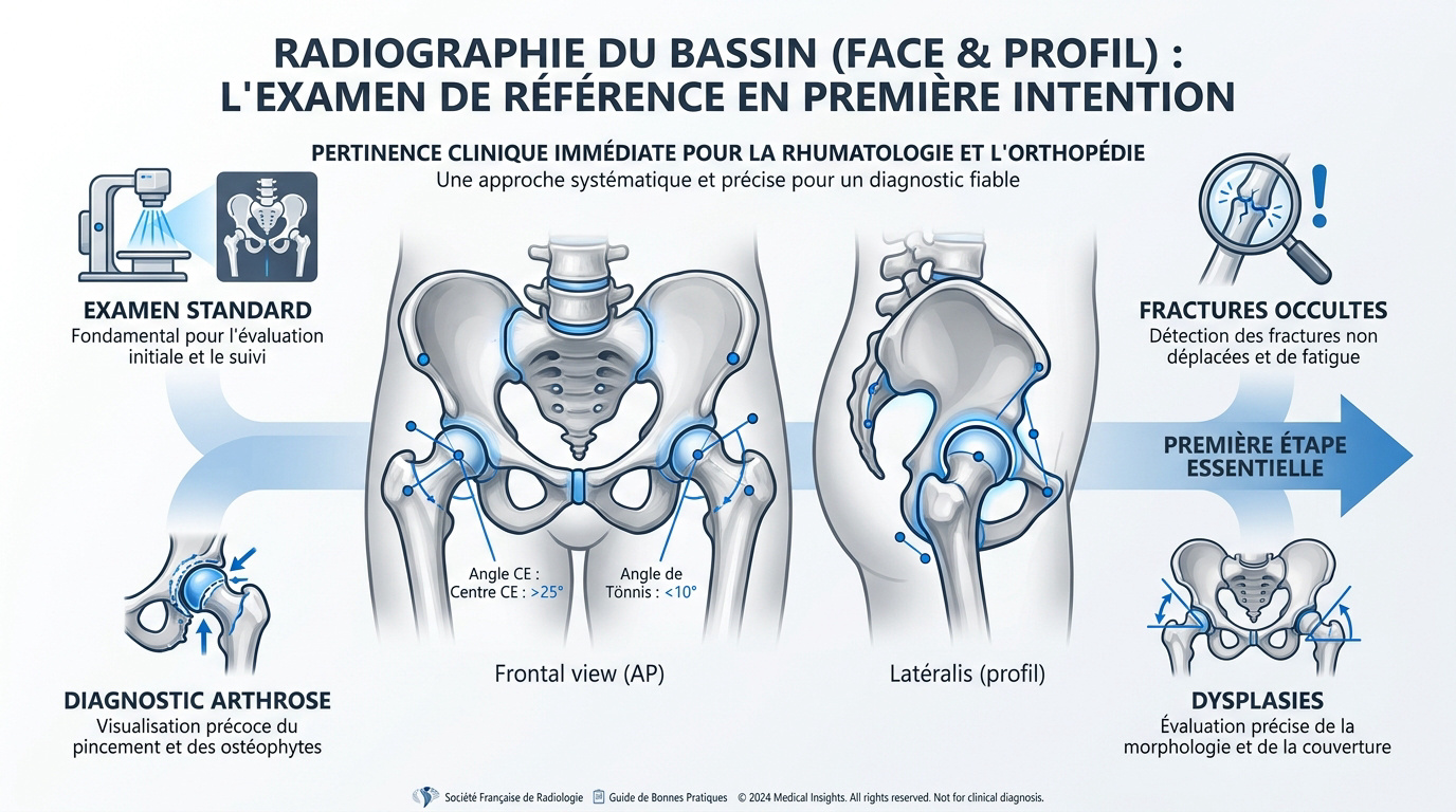 Radiographie du bassin montrant les structures osseuses et les hanches de face