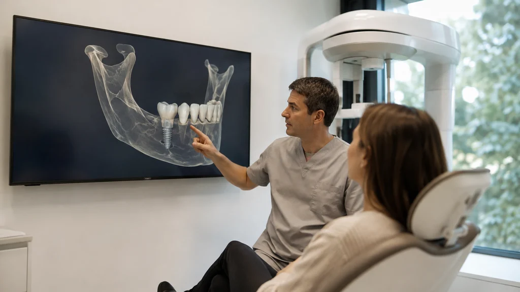 Consultation autour d’un modèle numérique de mâchoire et d’implant, avec un appareil d’imagerie dentaire en arrière-plan