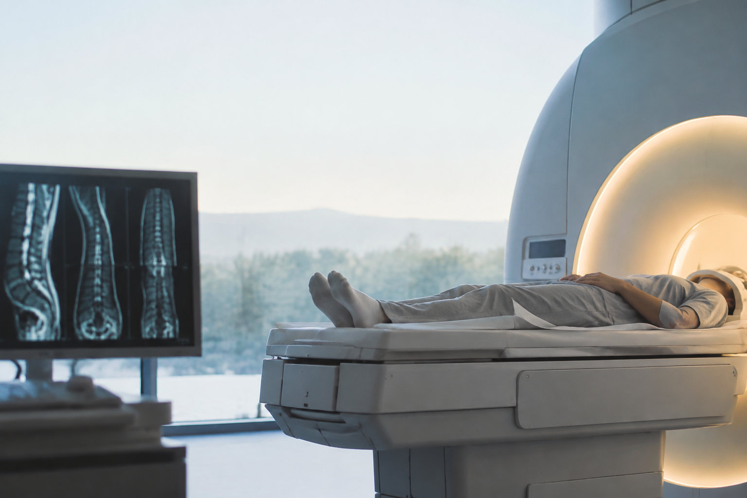 Un patient allongé dans une machine IRM, avec des images de la colonne vertébrale visibles sur un écran médical.