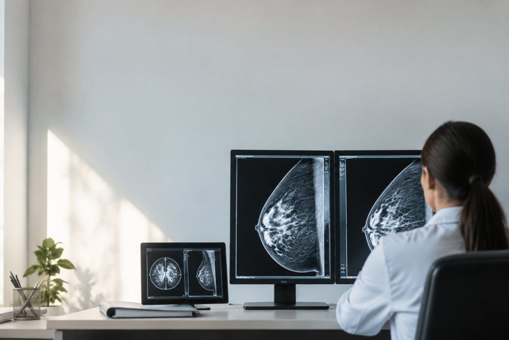 Radiologue examinant des images de mammographies sur des écrans d'ordinateur dans un cabinet médical lumineux.