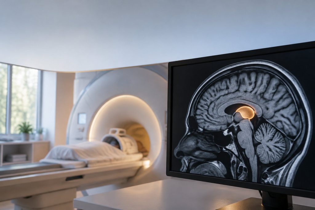 Écran affichant une IRM cérébrale en coupe sagittale avec le thalamus mis en évidence, devant un appareil d'IRM.