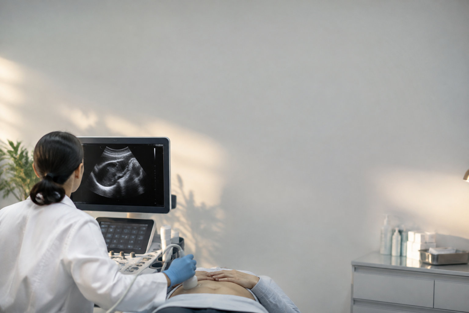 Une médecin effectue une échographie abdominale sur un patient dans un cabinet médical bien éclairé.