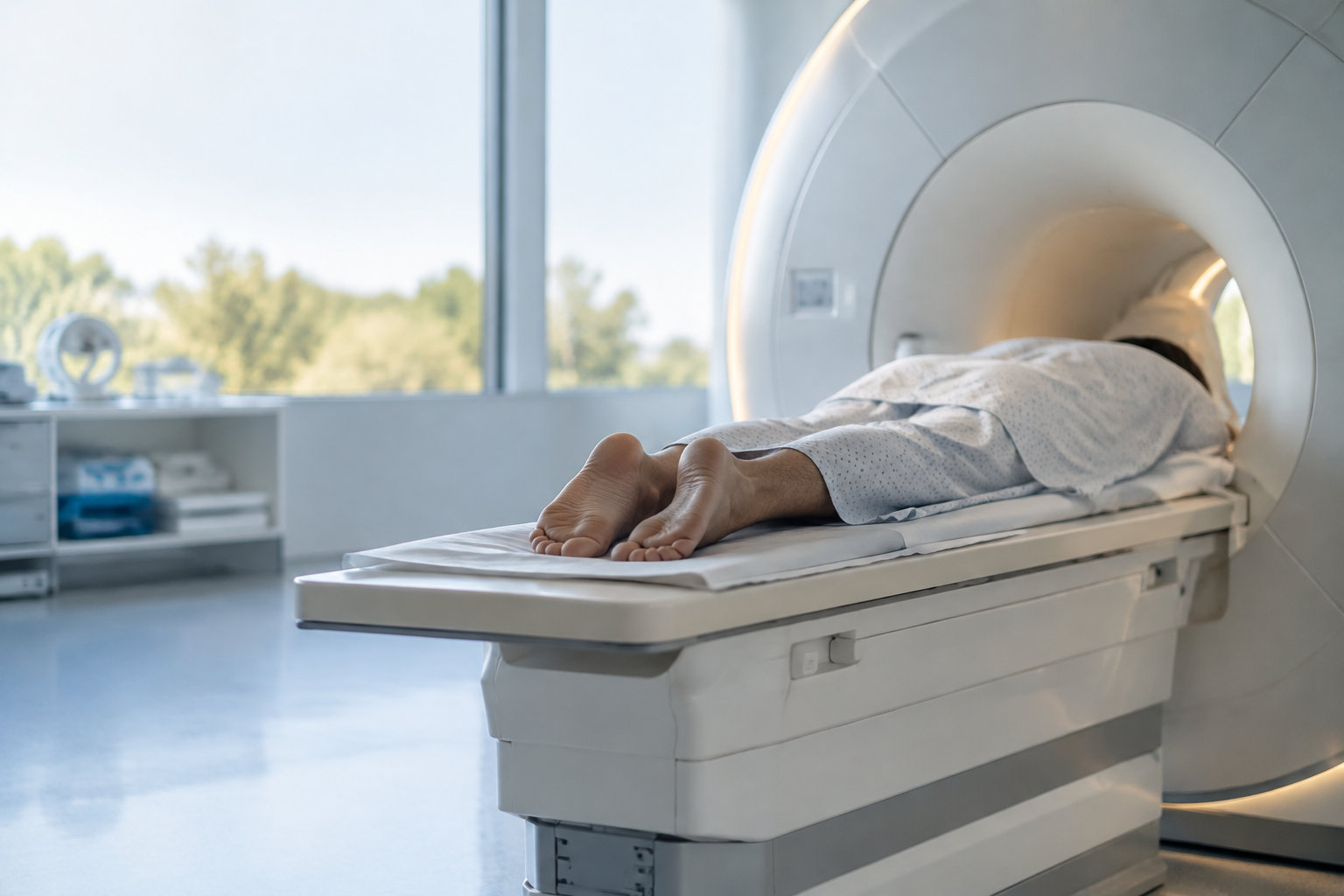 Patient allongé sur le ventre dans une machine d'IRM dans un centre médical moderne.