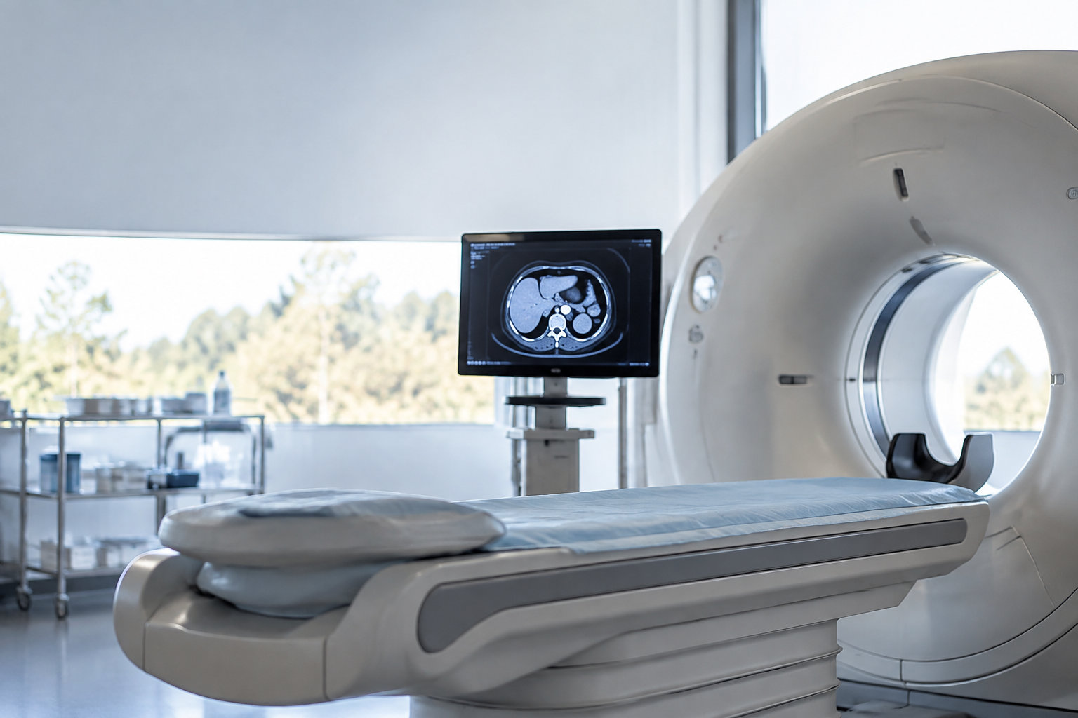 Salle d'imagerie médicale avec un scanner et un écran affichant une coupe transversale de l'abdomen.