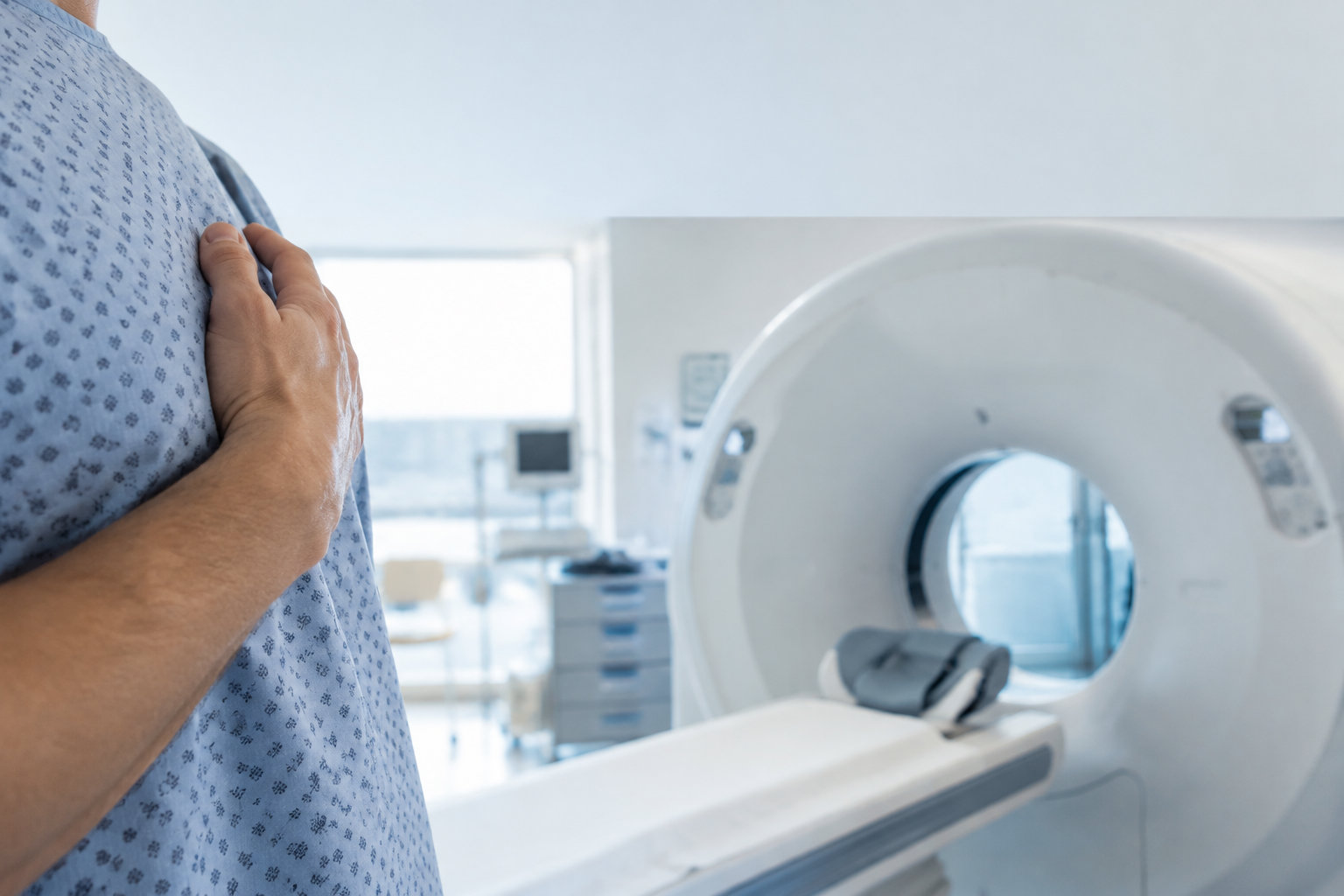 Un patient en blouse d'hôpital, la main sur la poitrine, se tient devant une machine d'imagerie scanner.