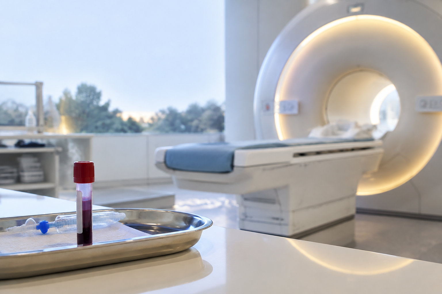 Un tube de prélèvement sanguin sur un plateau médical devant un appareil d'IRM moderne dans une clinique.