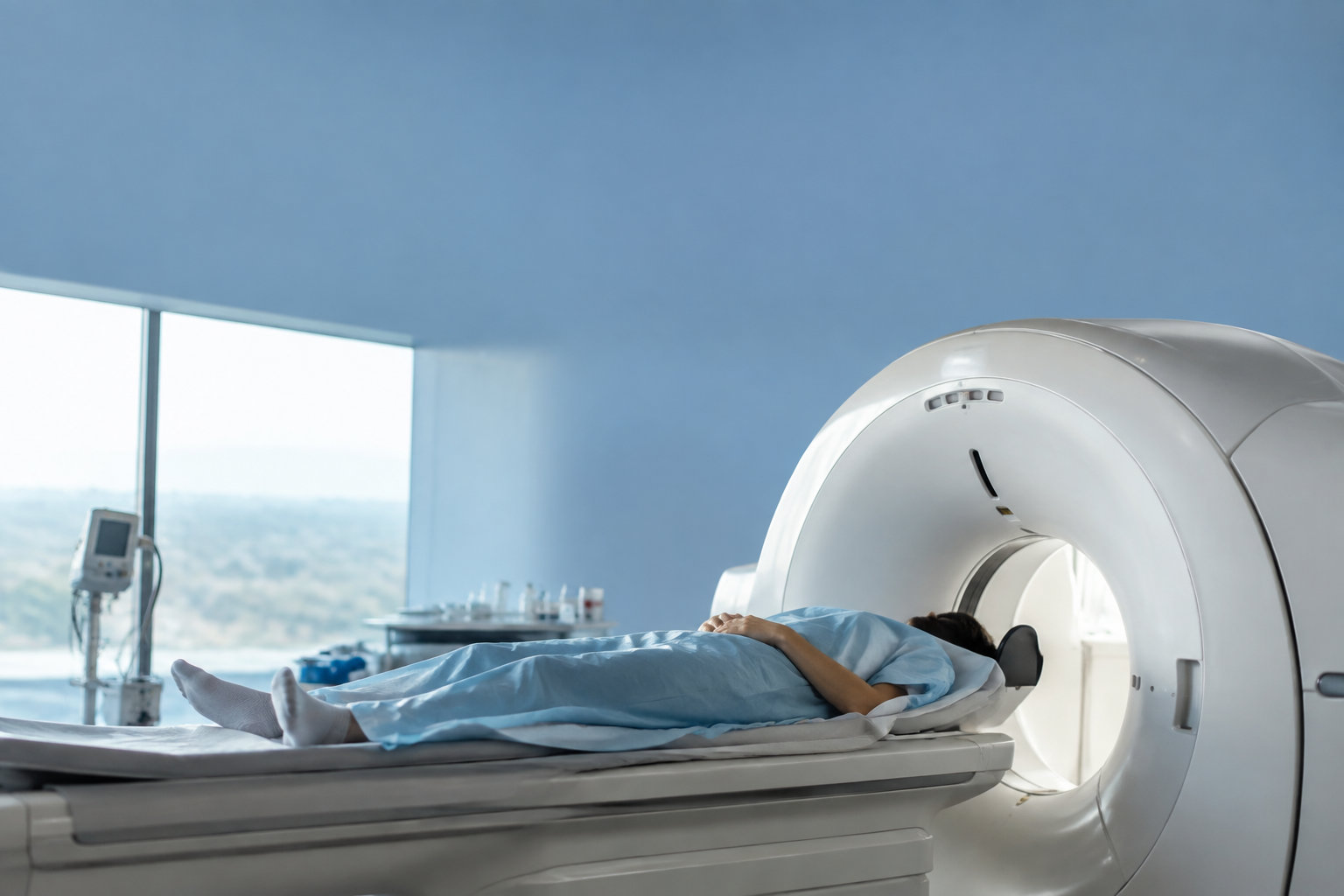 Un patient en blouse d'hôpital est allongé sur la table d'un appareil de scanner médical dans une salle lumineuse.