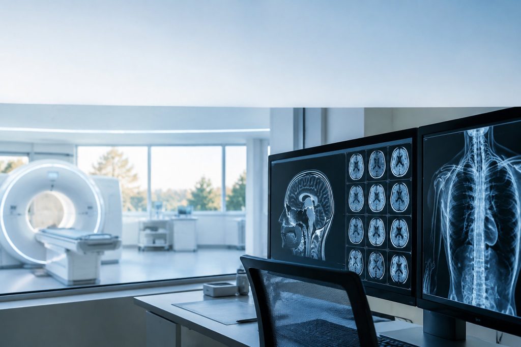 Écrans d'imagerie médicale affichant des scanners cérébraux et thoraciques dans un cabinet de radiologie avec un IRM.