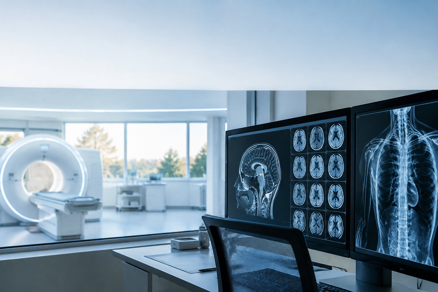 Écrans d'imagerie médicale affichant des scanners cérébraux et thoraciques dans un cabinet de radiologie avec un IRM.