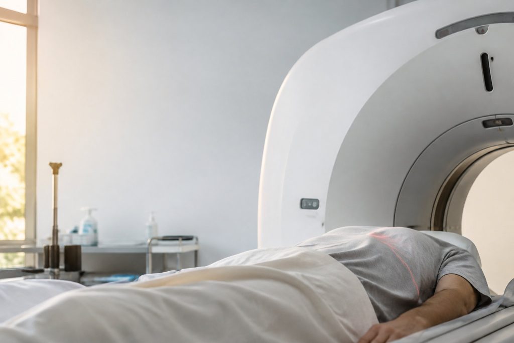 Un patient allongé sur la table d'un scanner, avec un laser de positionnement visible sur sa poitrine.