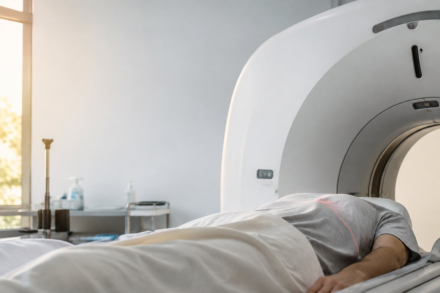 Un patient allongé sur la table d'un scanner, avec un laser de positionnement visible sur sa poitrine.