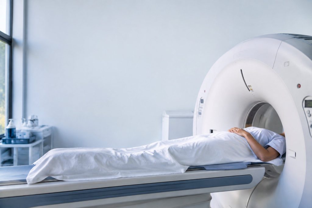 Une patiente allongée sur la table d'examen d'un scanner médical moderne dans une salle blanche et lumineuse.