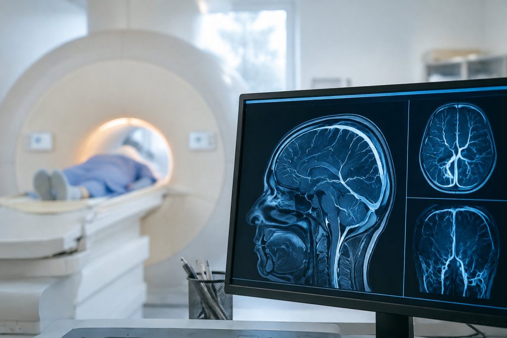 Un écran affiche des images de scanner cérébral avec un patient en arrière-plan dans une machine d'IRM.
