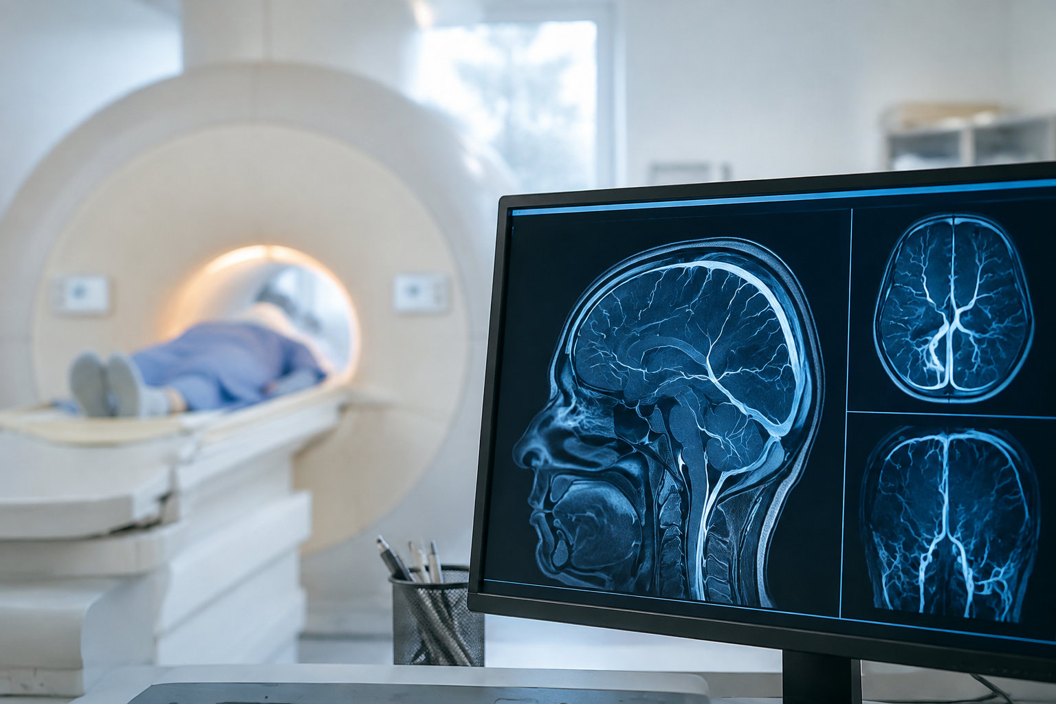 Un écran affiche des images de scanner cérébral avec un patient en arrière-plan dans une machine d'IRM.