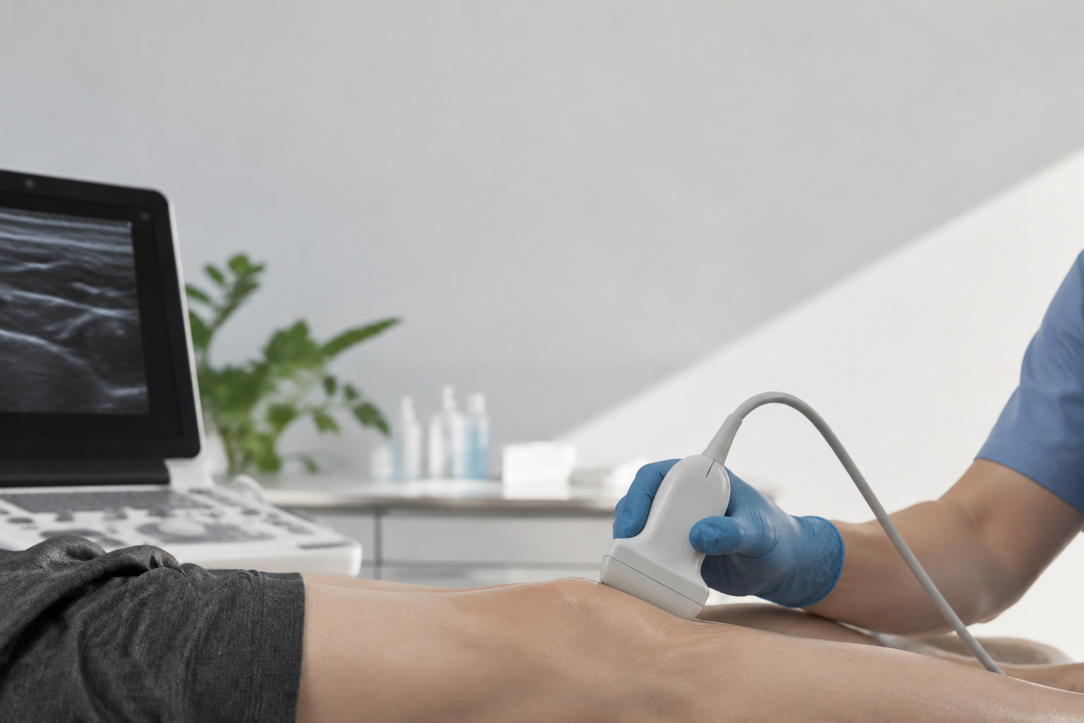 Un professionnel de santé utilise une sonde linéaire pour réaliser une échographie du genou d'un patient.