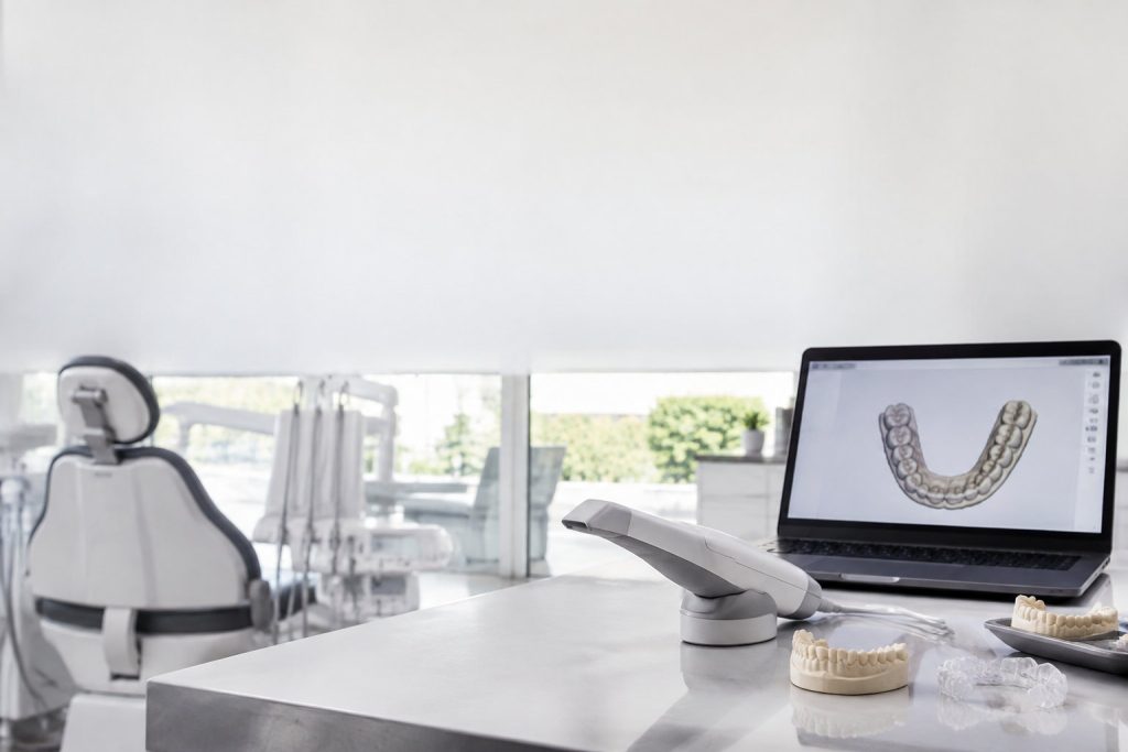 Un scanner intra-oral et des modèles de dents posés sur une table dans un cabinet dentaire moderne.
