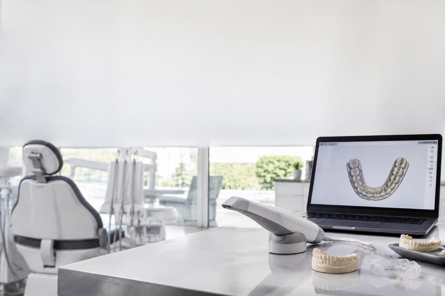 Un scanner intra-oral et des modèles de dents posés sur une table dans un cabinet dentaire moderne.