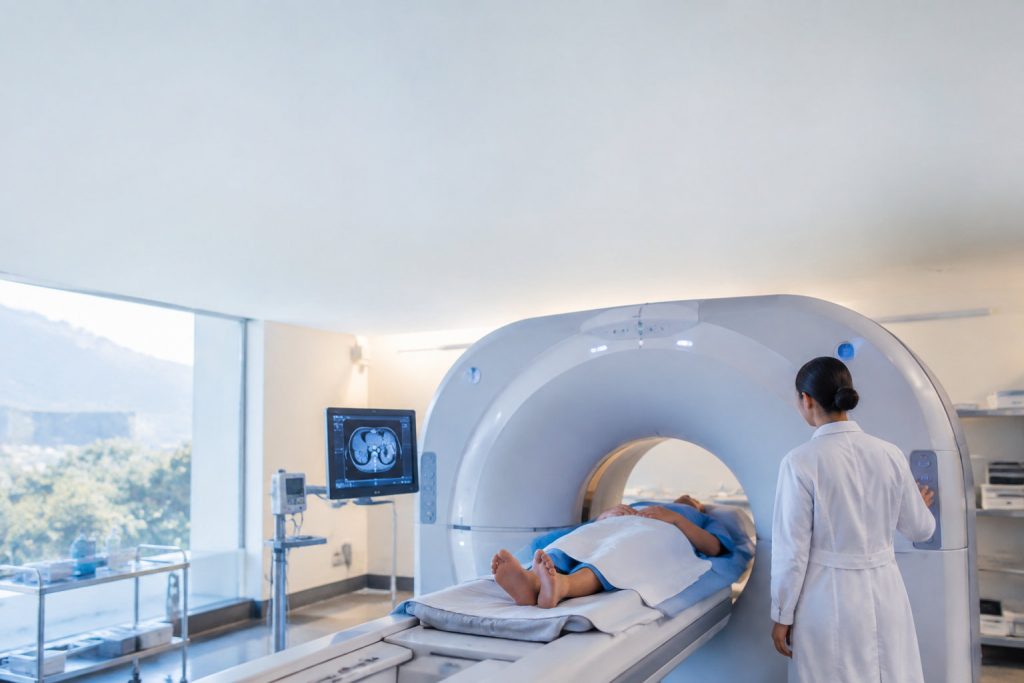 Une radiologue opère un scanner tandis qu'un patient est allongé pour un examen médical.