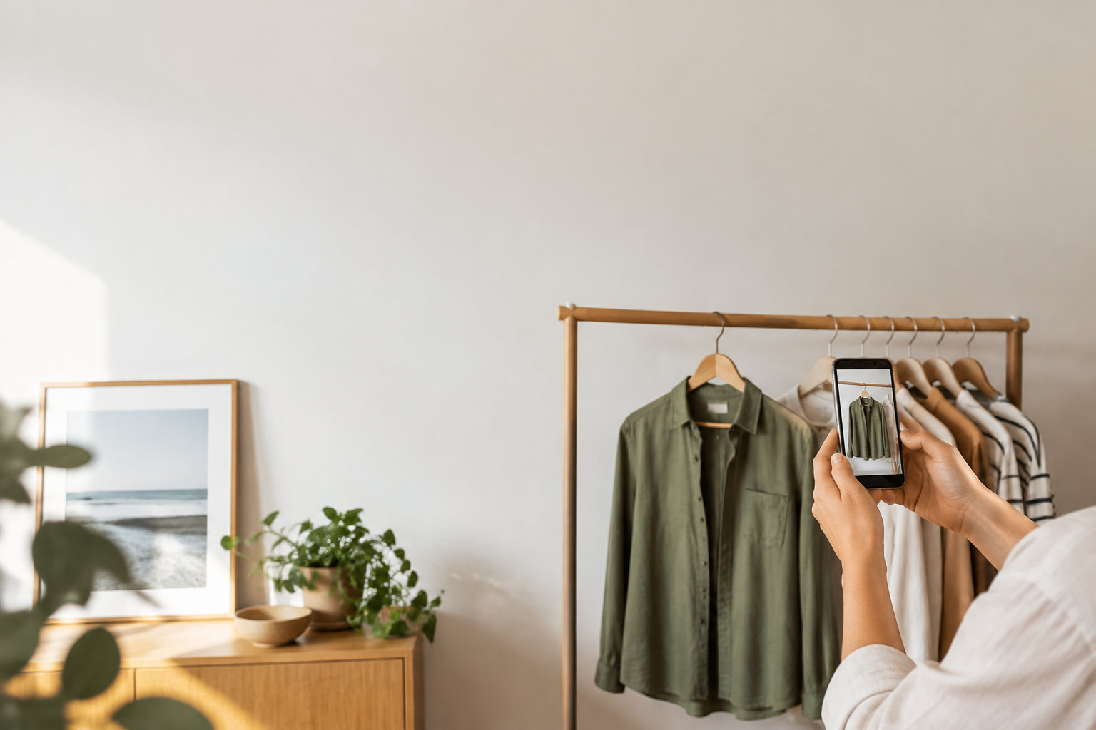 Une personne utilise son smartphone pour scanner une chemise verte suspendue sur un portant en bois.