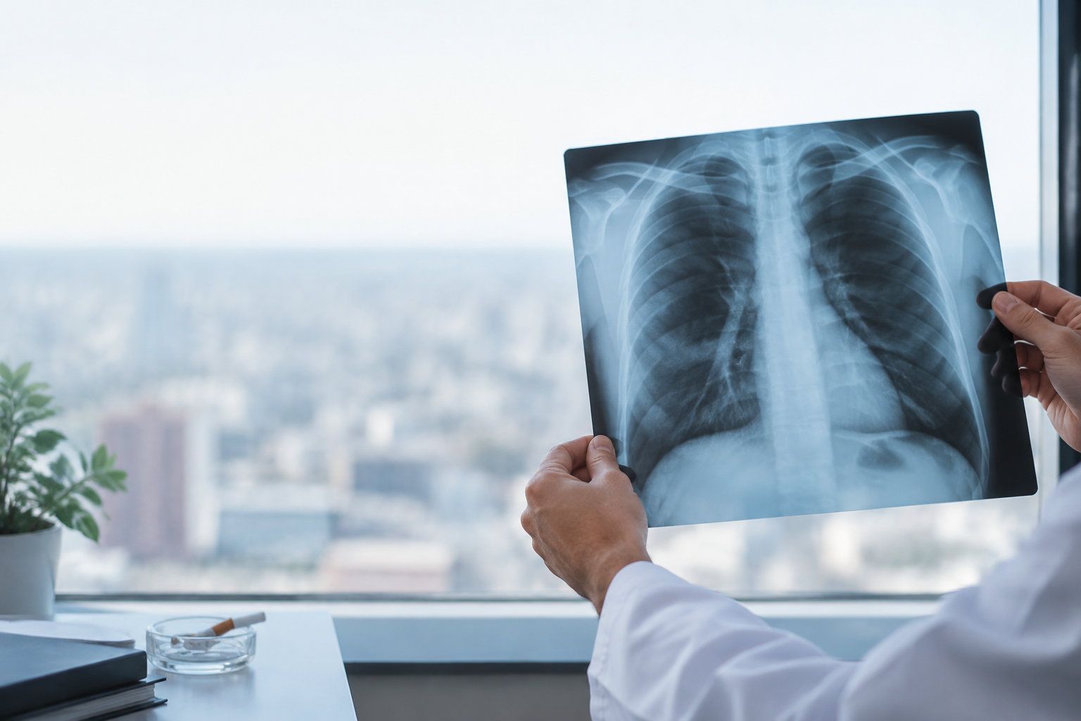 Un médecin examine une radiographie pulmonaire près d'une fenêtre avec un cendrier posé sur le bureau.