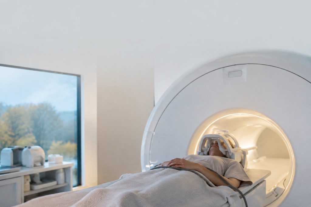 Une personne allongée dans une machine d'IRM avec une antenne spécifique autour de la tête pour un examen médical.