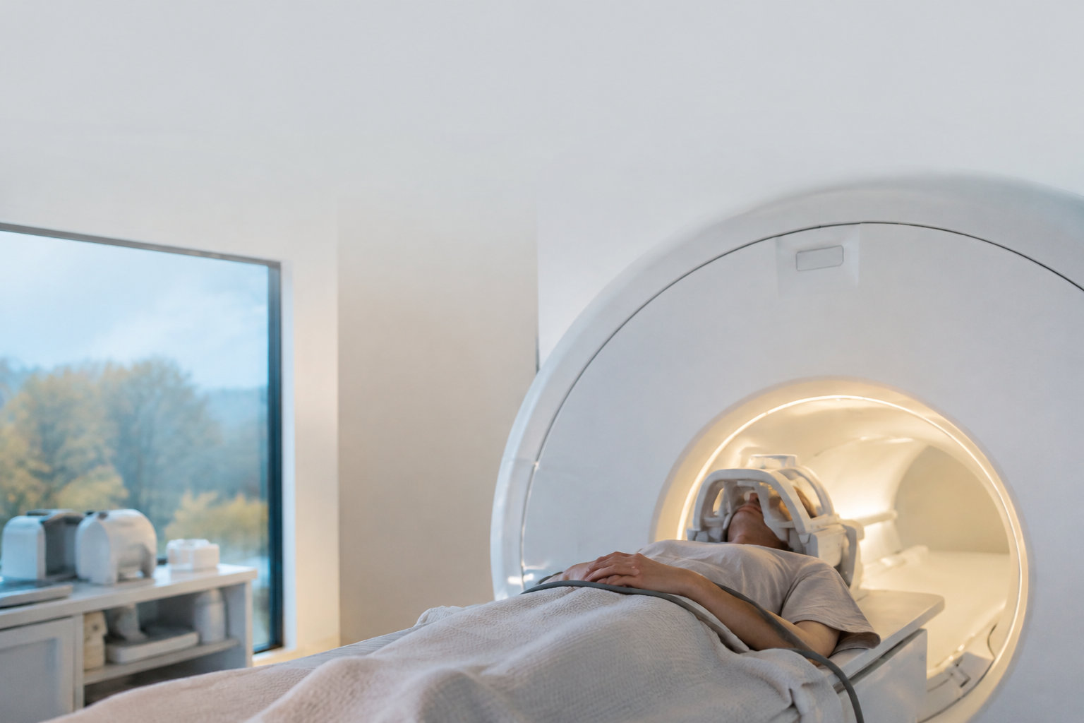Une personne allongée dans une machine d'IRM avec une antenne spécifique autour de la tête pour un examen médical.