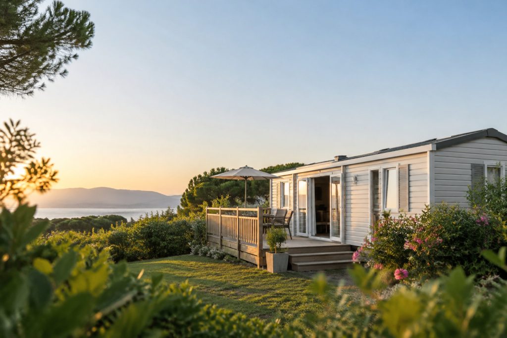 Un mobile-home moderne avec terrasse en bois surplombant la mer pendant un coucher de soleil pittoresque.