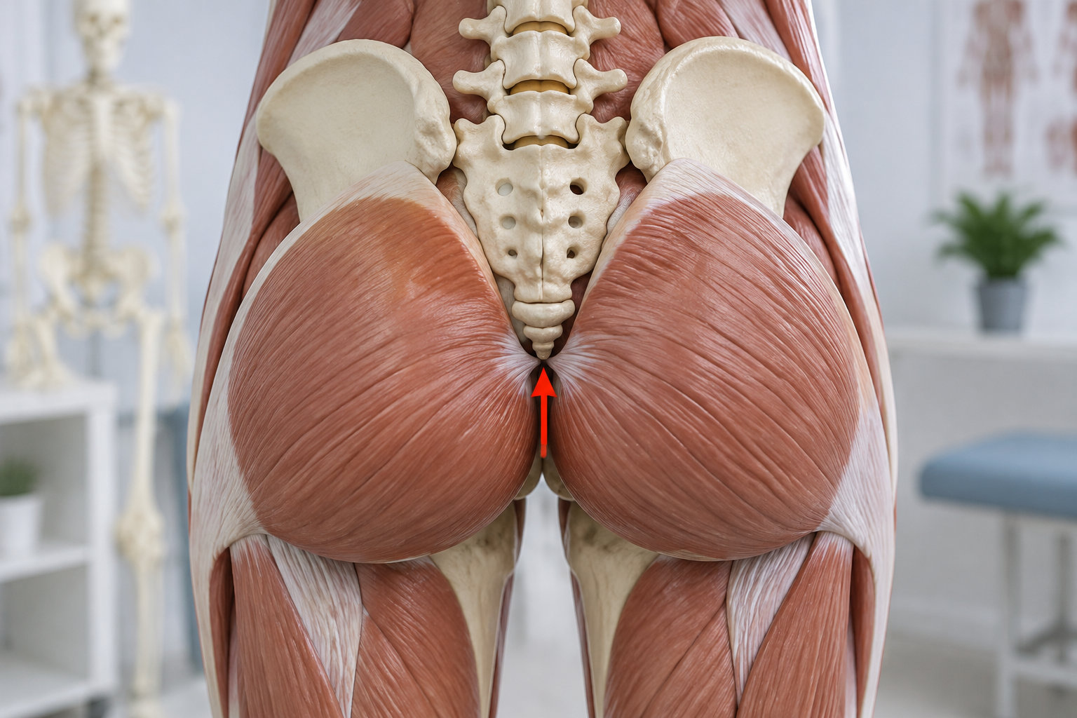 Modèle anatomique vu de dos montrant les muscles fessiers, le bassin et le sacrum, avec une flèche rouge pointant vers le coccyx.