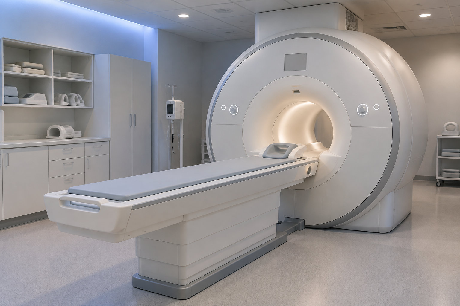 Un appareil d’imagerie médicale avec une table d’examen est installé dans une salle vide aux murs clairs.