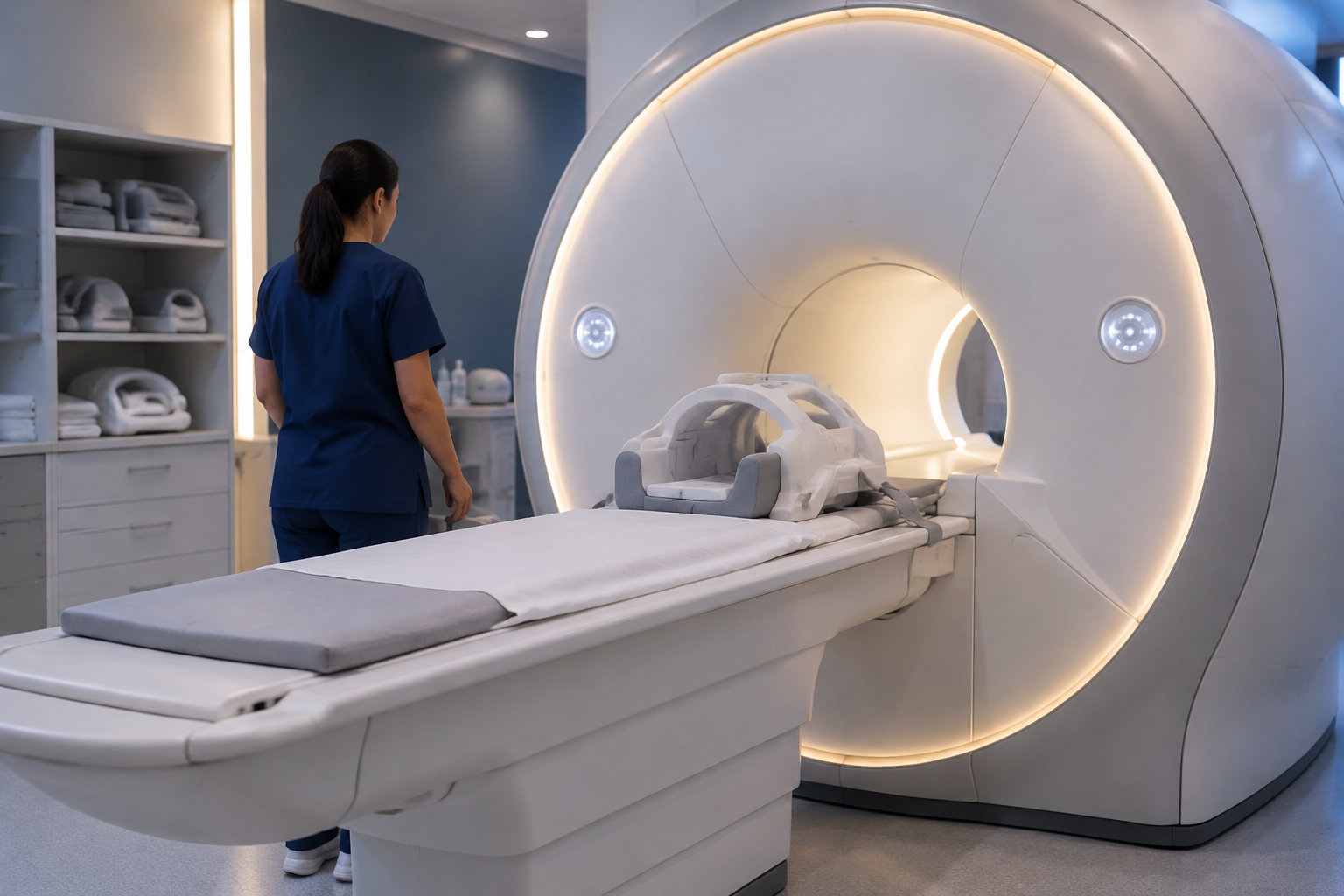 Une personne en tenue médicale se tient près d’un appareil d’imagerie médicale avec une table d’examen dans une salle de soins.
