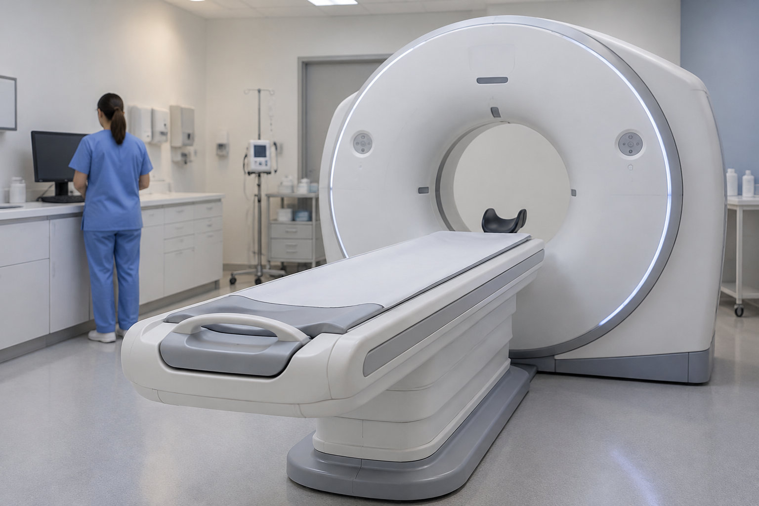 Une professionnelle en blouse bleue se tient devant un écran dans une salle d’imagerie médicale équipée d’un appareil d’IRM.