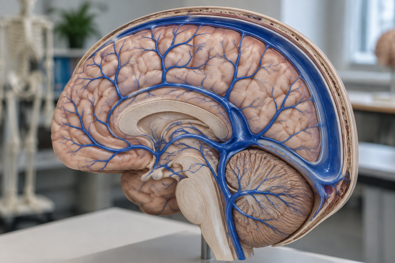 Une maquette anatomique en coupe du cerveau, avec des vaisseaux bleus, est posée dans une salle de classe ou un laboratoire.