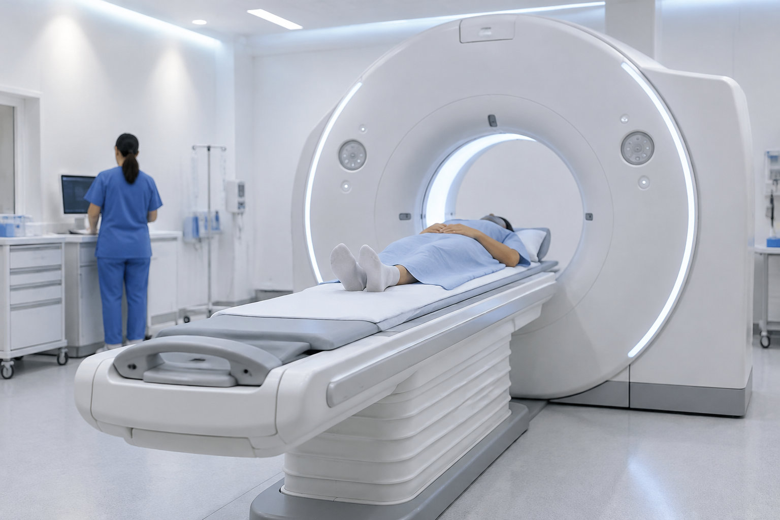 Une personne est allongée sur la table d’un appareil d’imagerie médicale tandis qu’une soignante en tenue bleue se tient devant un écran dans une salle blanche.