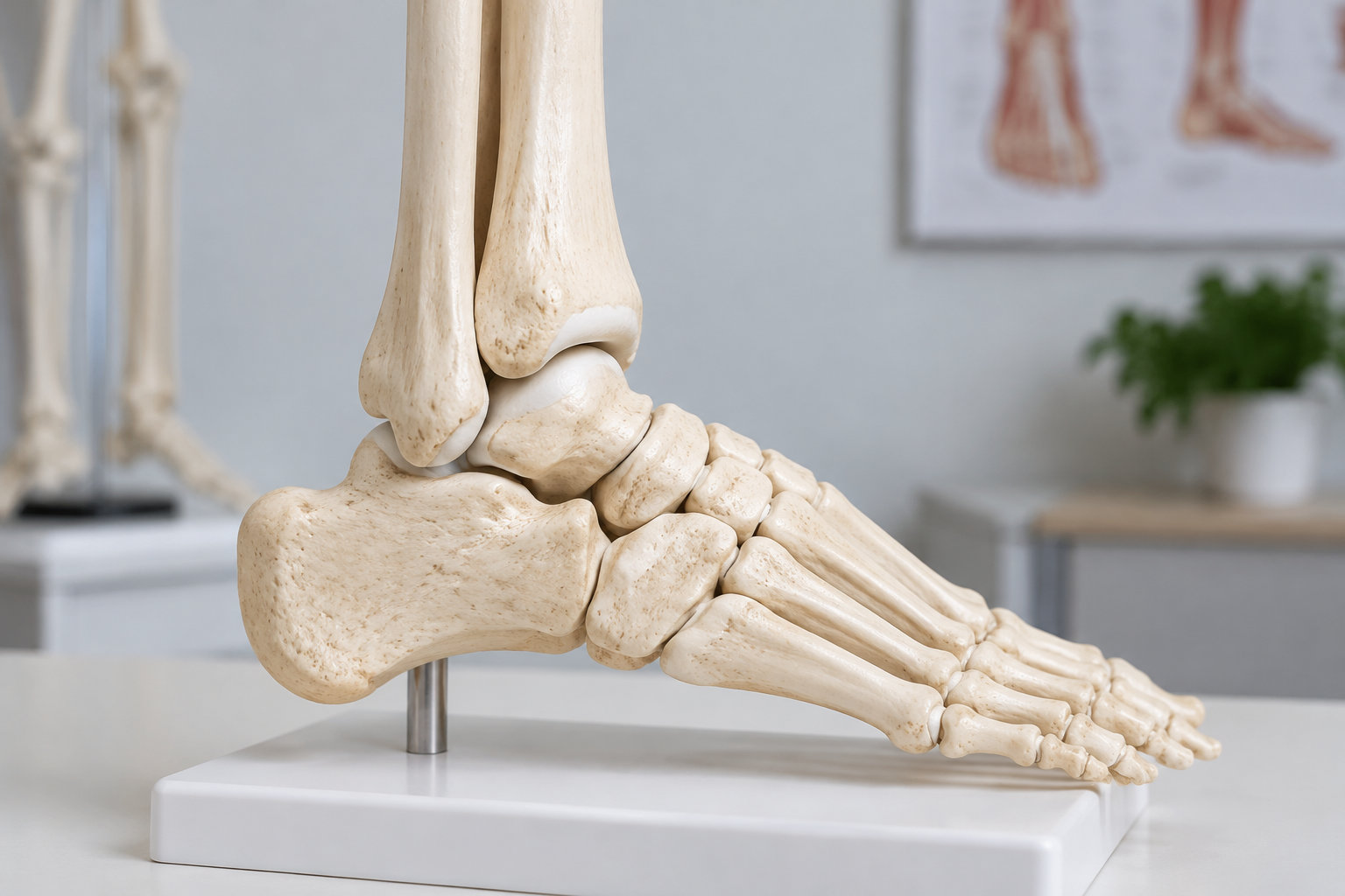 Une maquette des os d’un pied est posée sur un socle blanc dans une pièce où l’on voit un autre squelette et une plante.