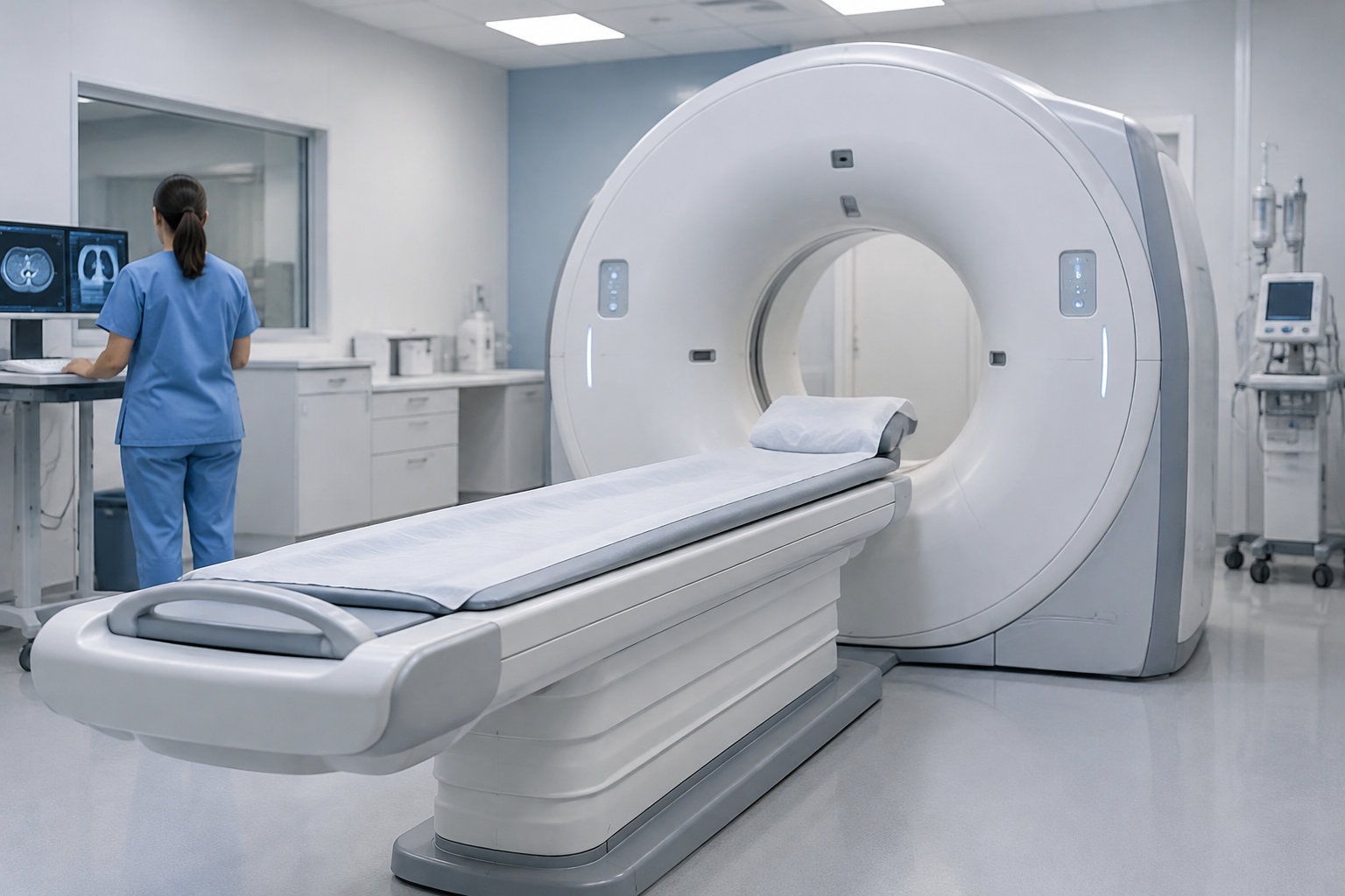 Une professionnelle en blouse bleue consulte des images médicales sur un écran, à côté d’un appareil d’imagerie dans une salle d’examen.