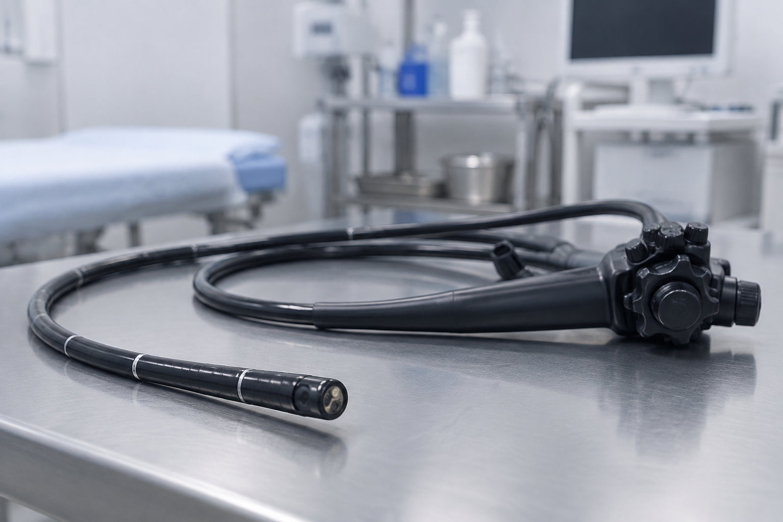 Un endoscope noir est posé en boucle sur une table métallique dans une salle d’examen médical.