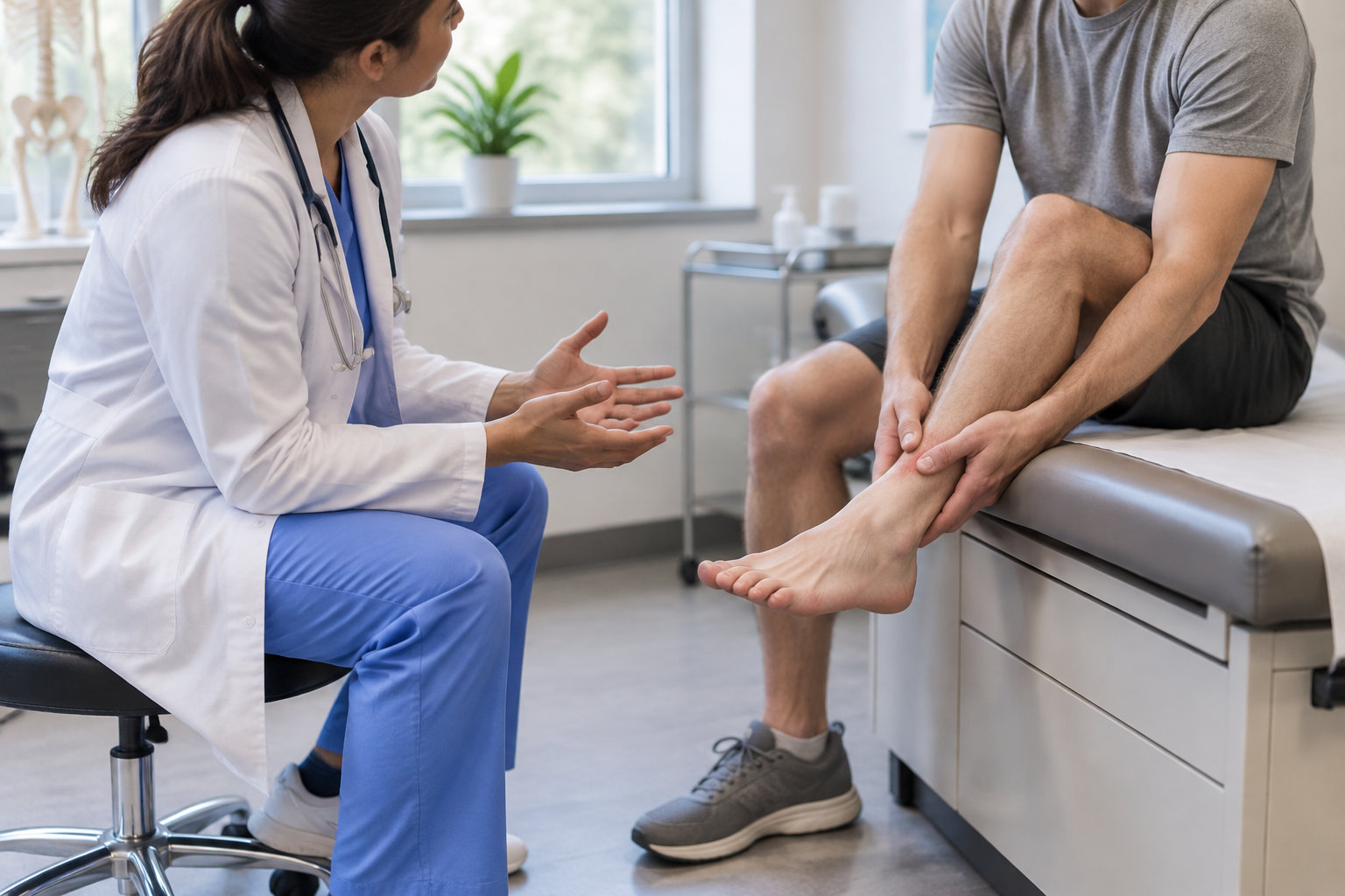 Une médecin assise discute avec un patient qui tient sa cheville en examinant son pied dans un cabinet médical.